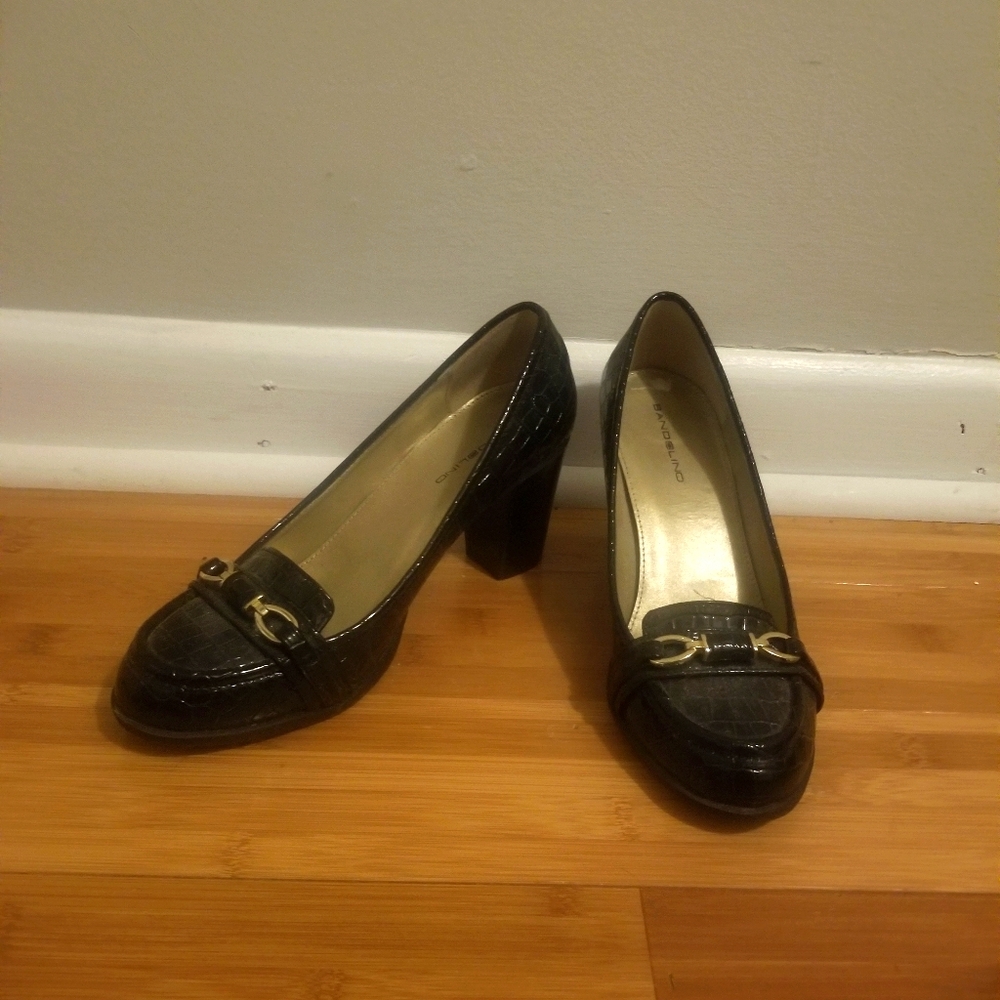 Black faux leather heels by Bandolino